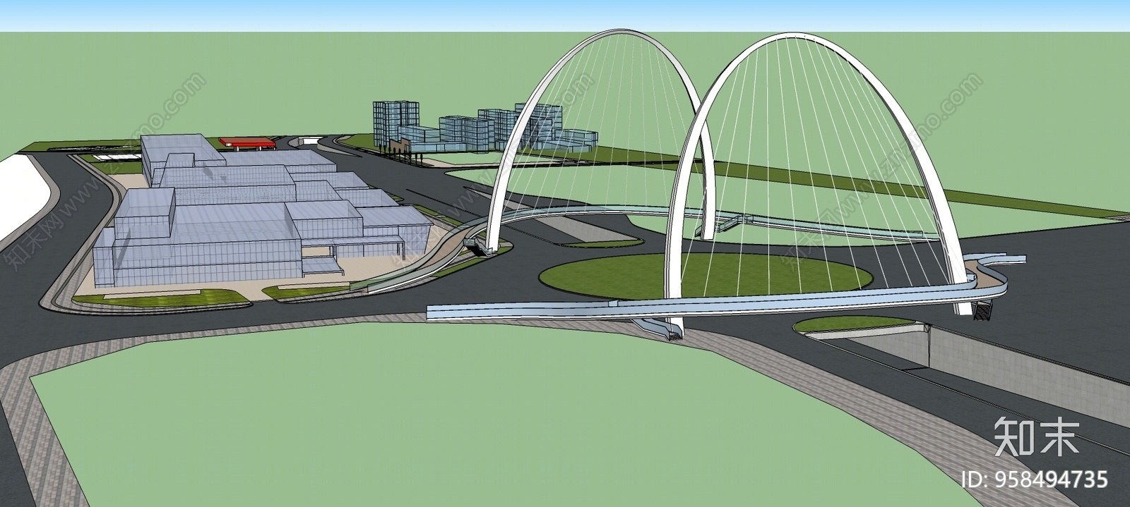 现代风格城市交通环岛高架桥SU模型下载【ID:958494735】