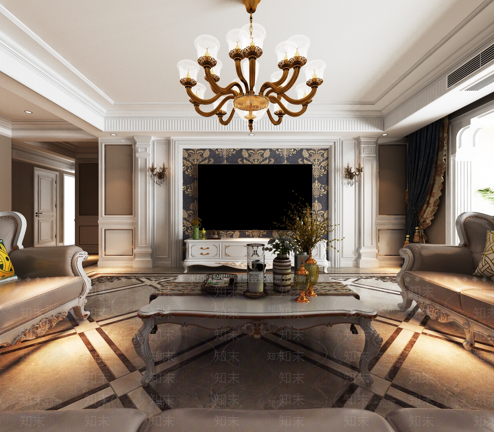 美式风格客厅3D模型下载【ID:758599937】