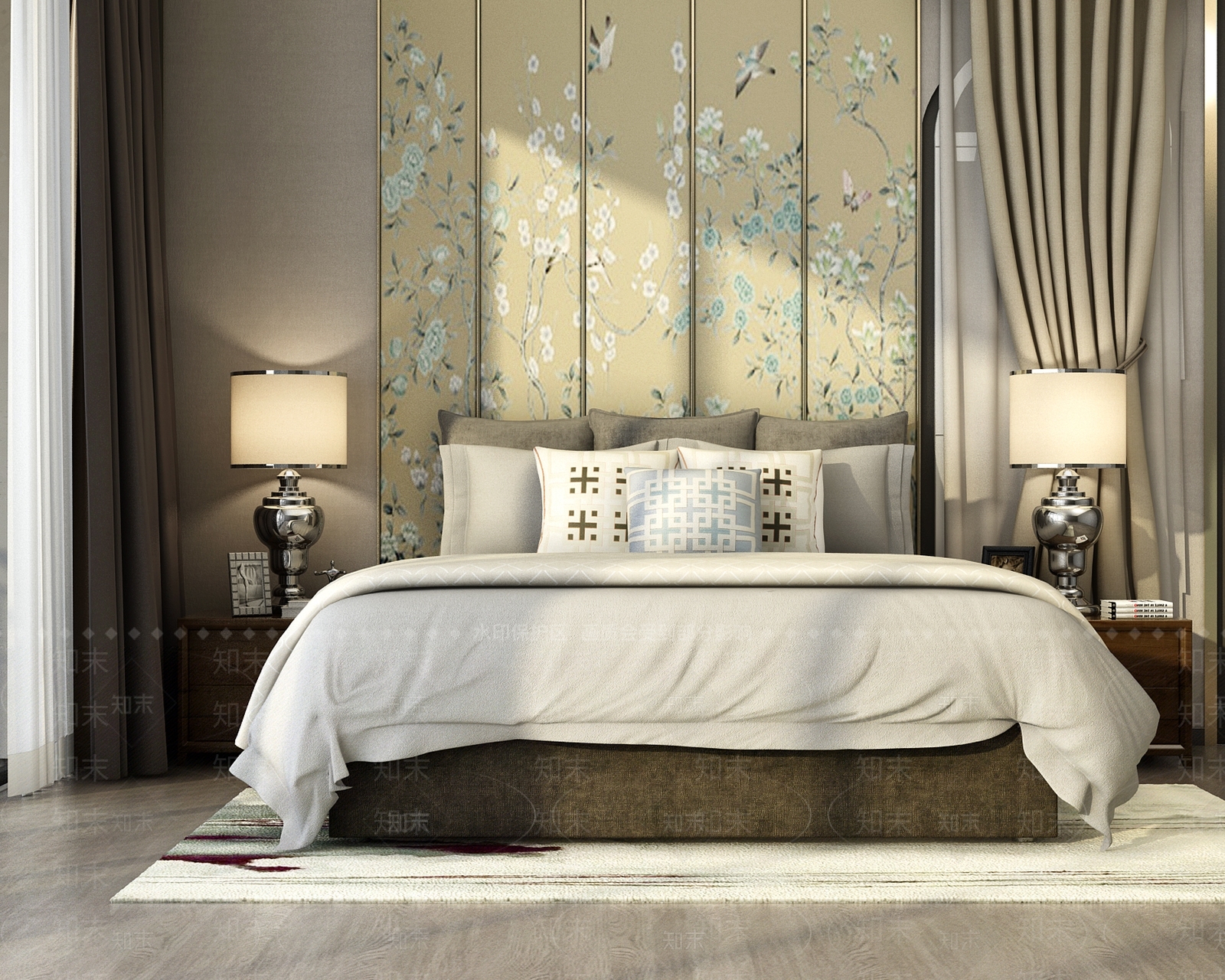 中式双人床头背景3D模型下载【ID:758643089】