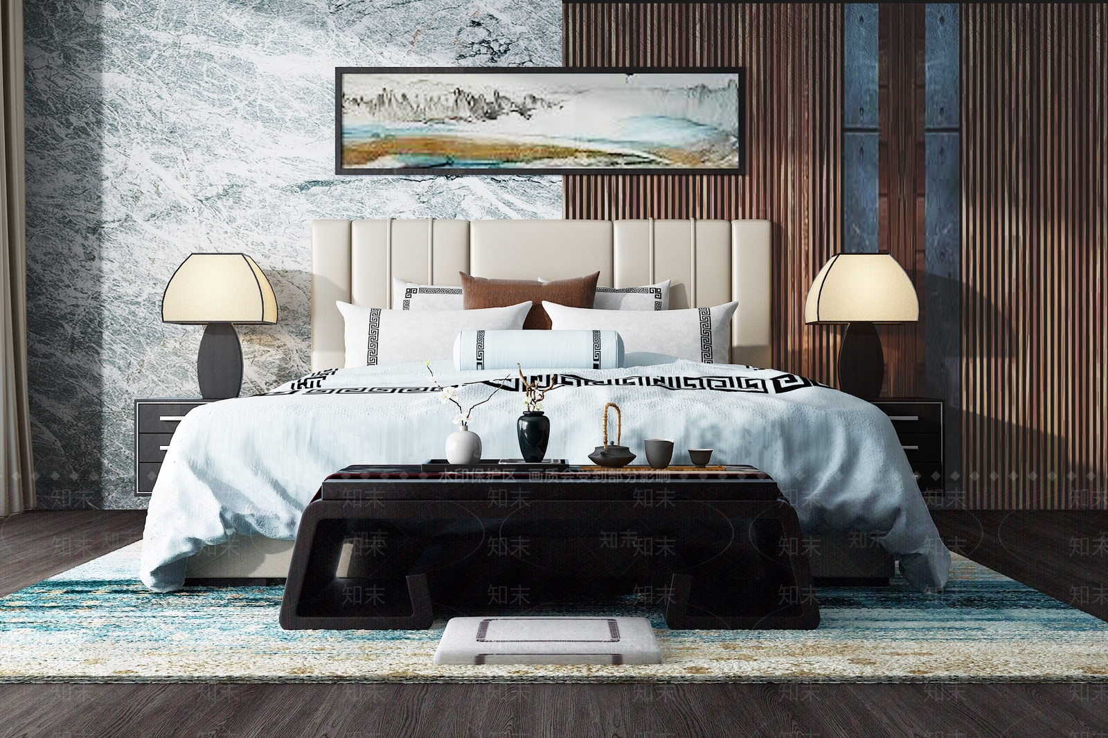 中式双人床头背景3D模型下载【ID:758643086】