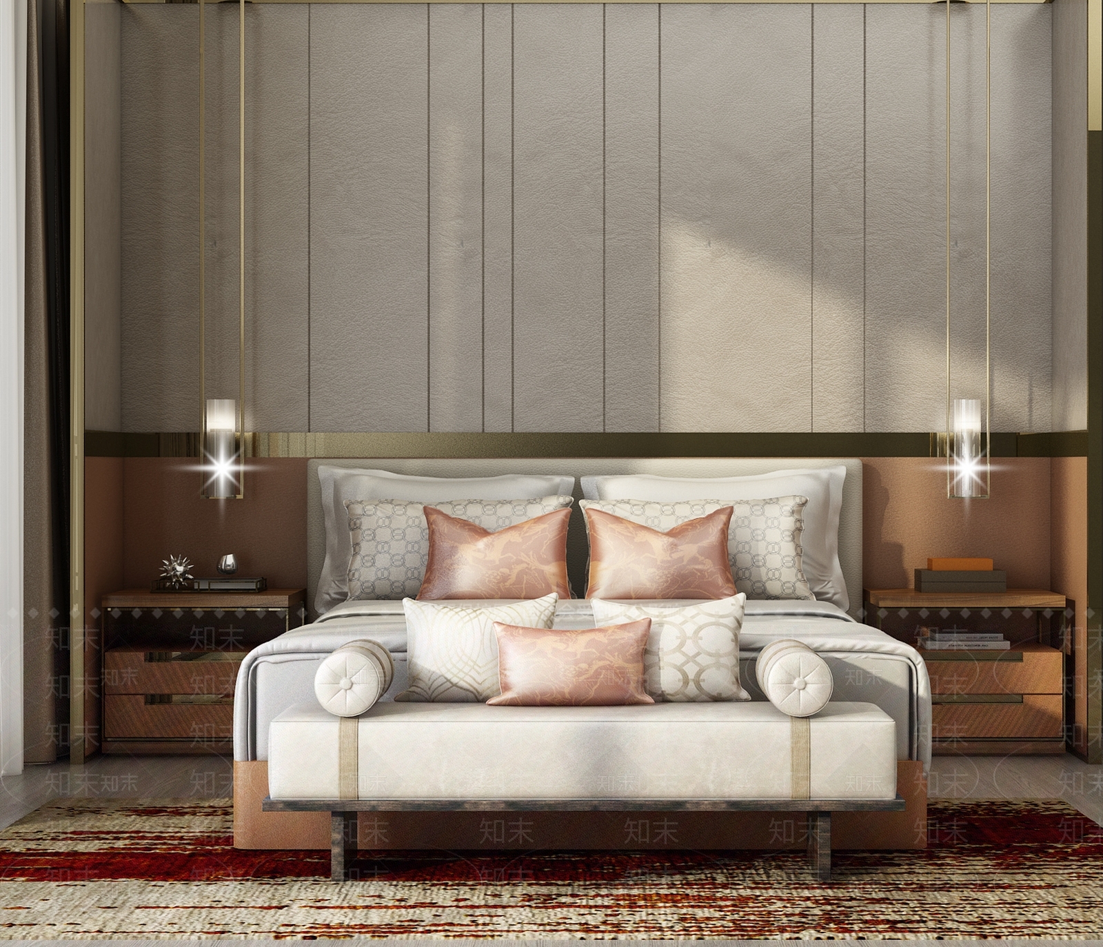 现代双人床头背景3D模型下载【ID:758643081】
