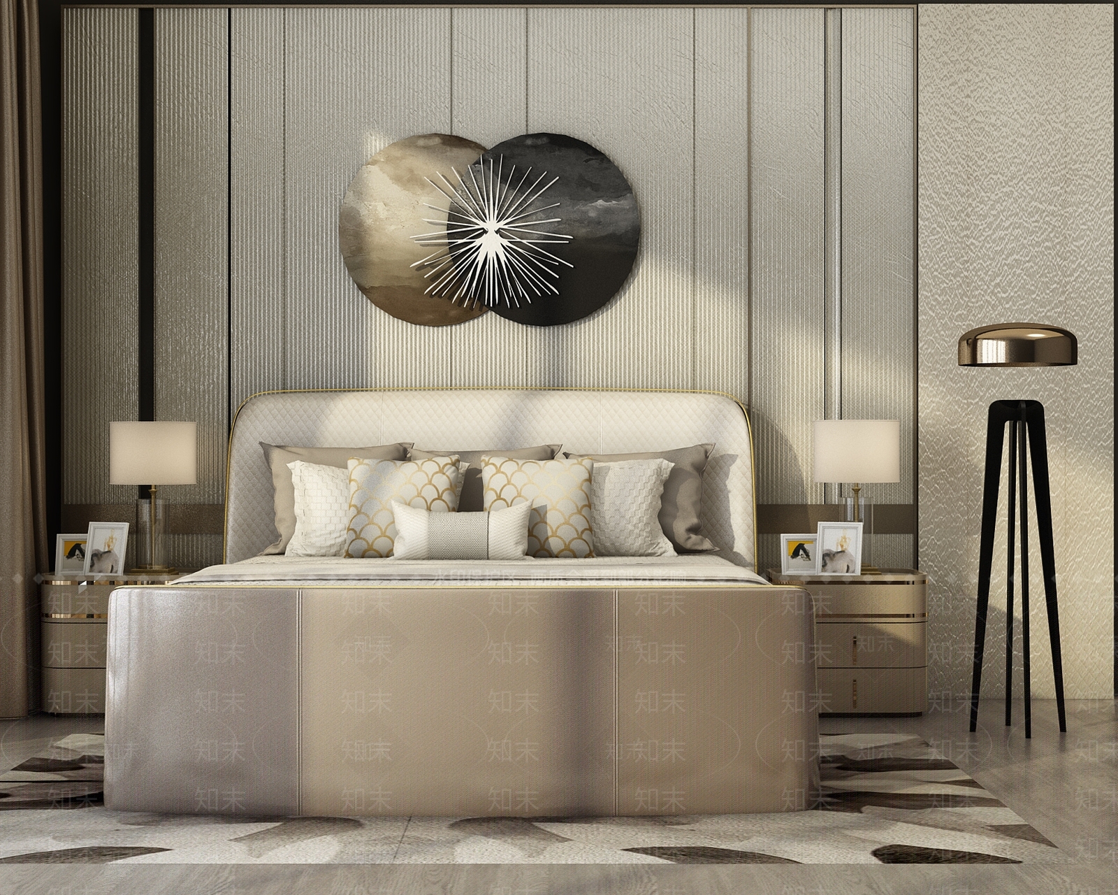 现代双人床头背景3D模型下载【ID:758643080】
