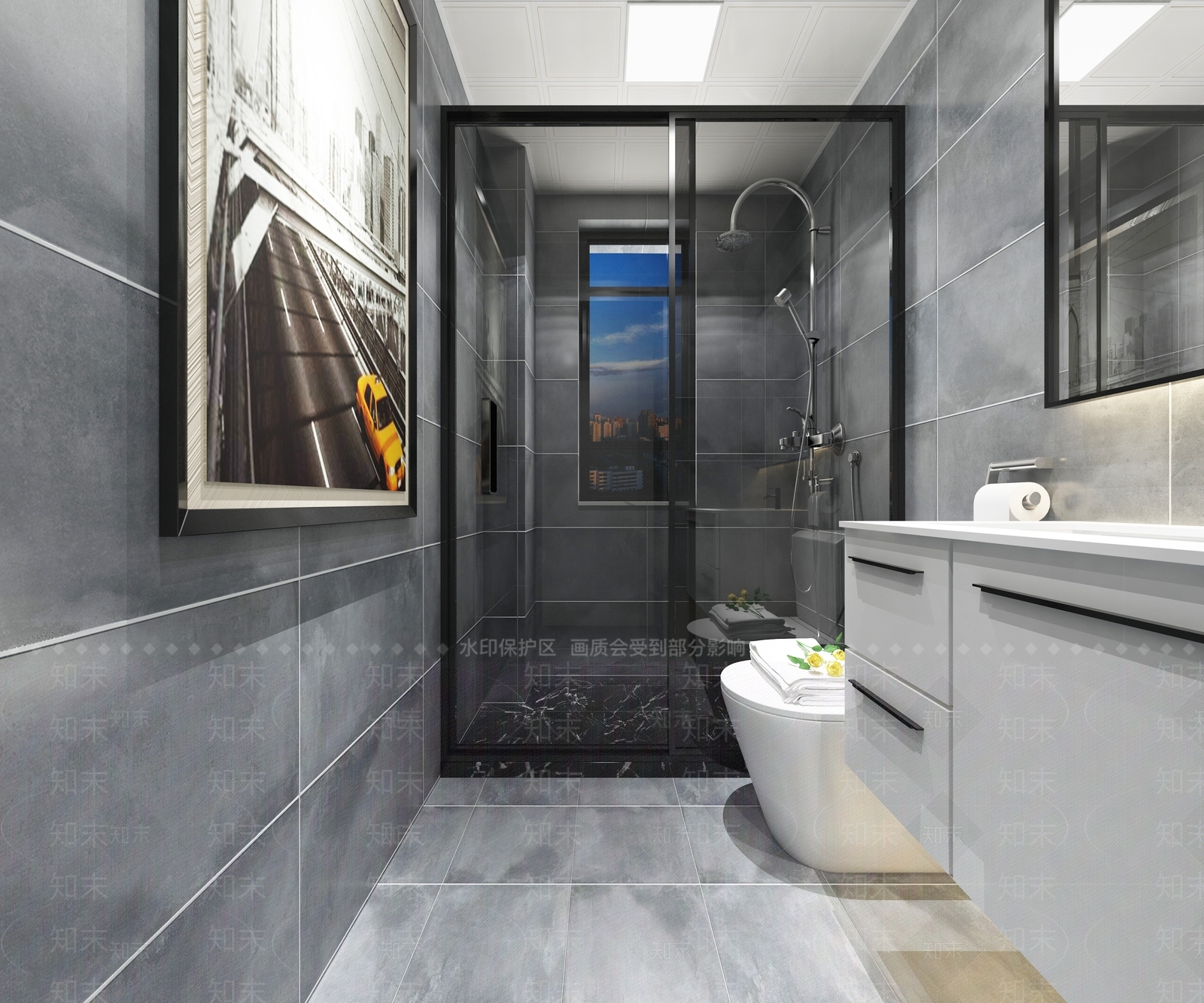 现代极简灰色墙砖卫生间3D模型下载【ID:558660422】