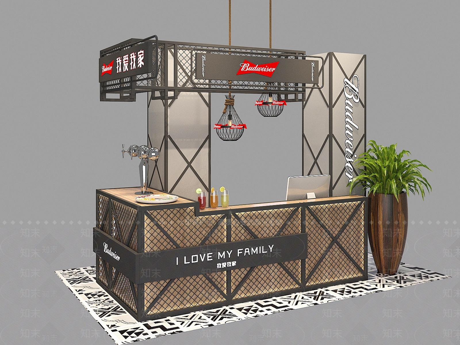 美式复古吧台3D模型下载【ID:758689624】