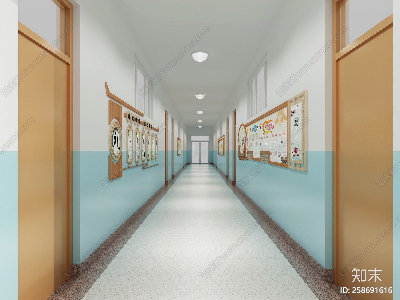 新中式风格中小学走廊3D模型下载【ID:258691616】