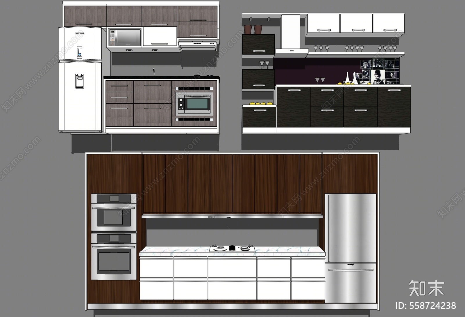 现代风格厨房橱柜组合SU模型下载【ID:558724238】