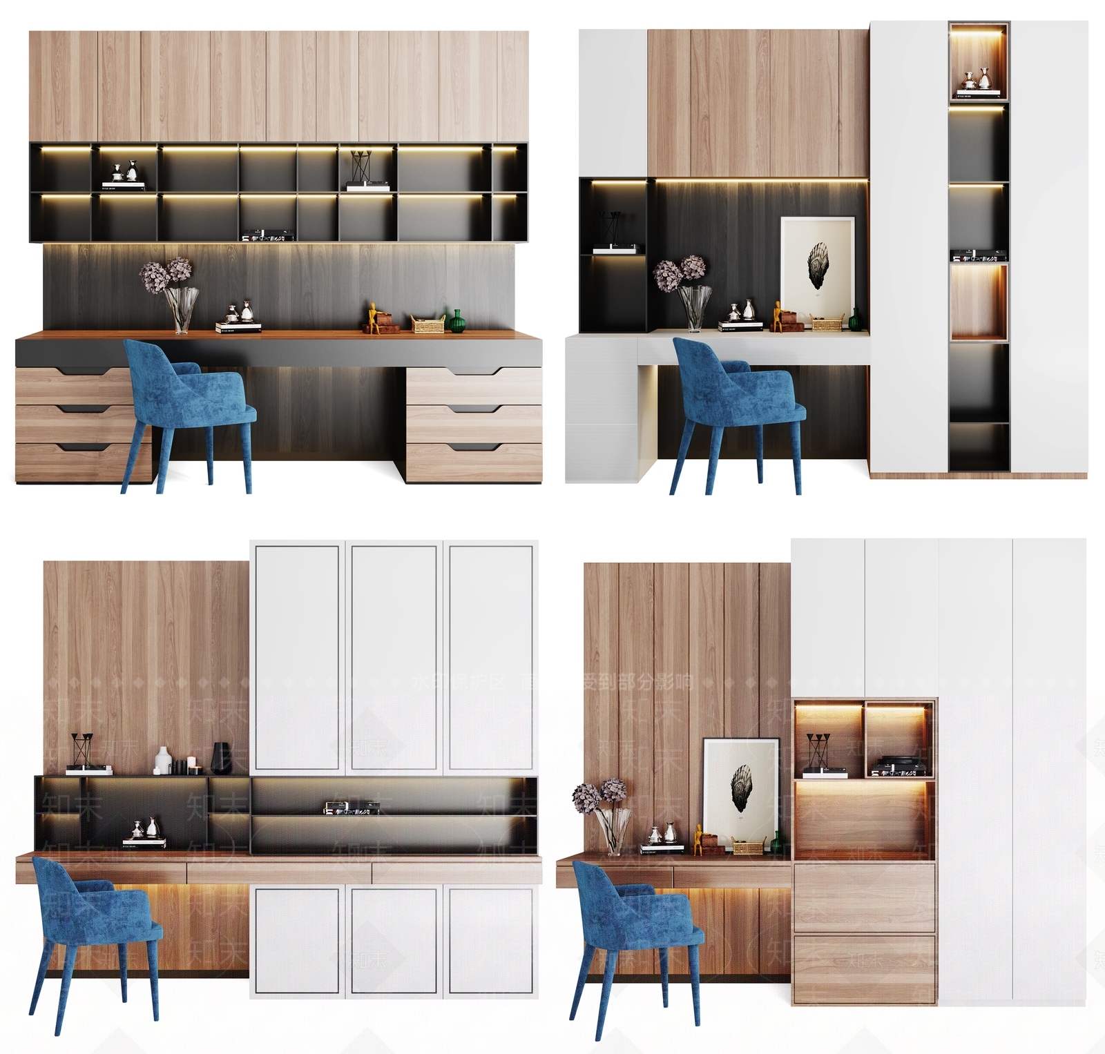 现代书桌书柜组合3D模型下载【ID:159151997】