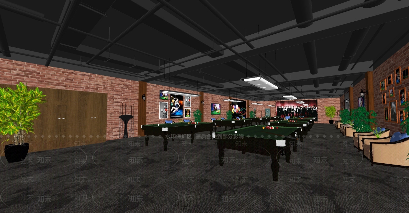 工业风格桌球室SU模型下载【ID:559540458】