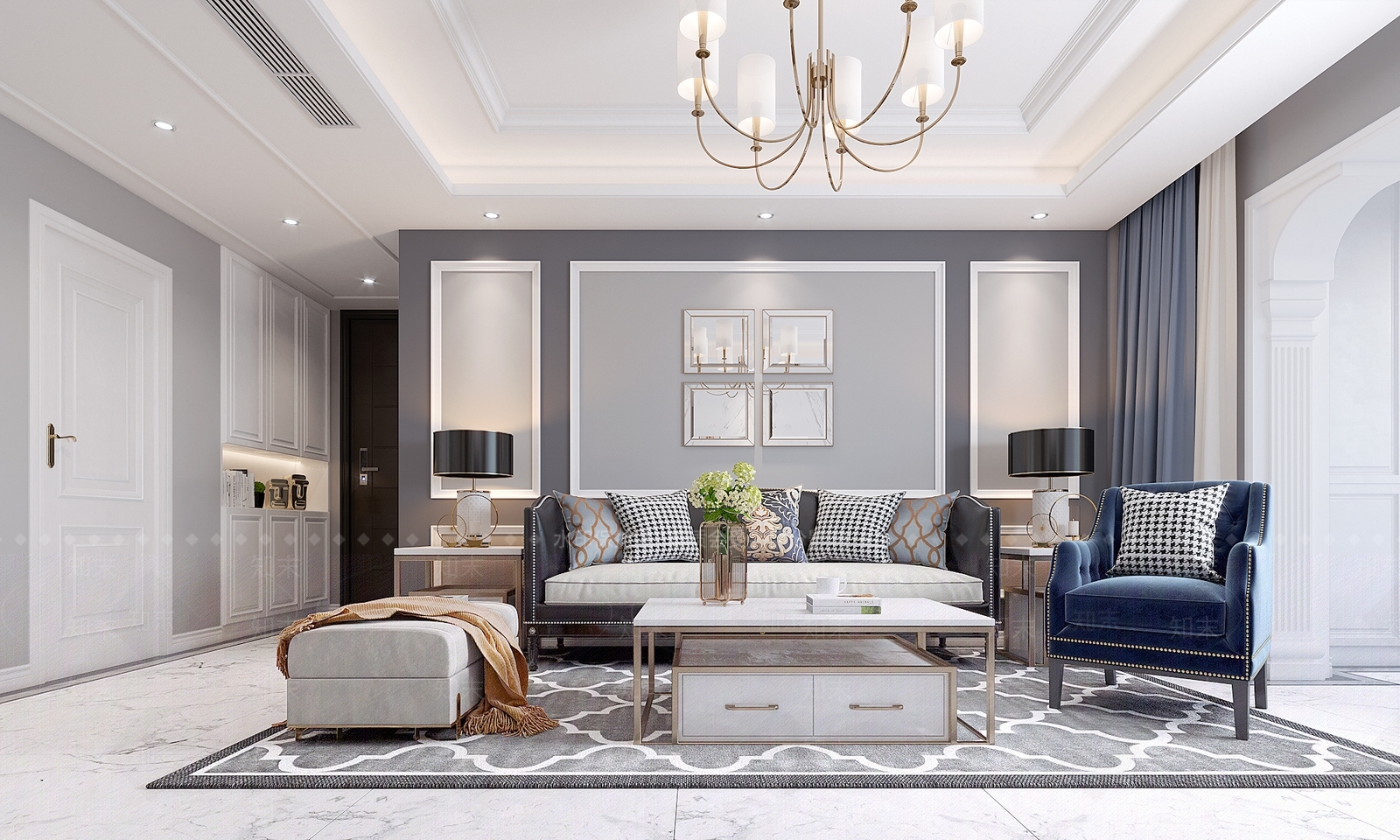 美式风格家居客厅3D模型下载【ID:859651327】