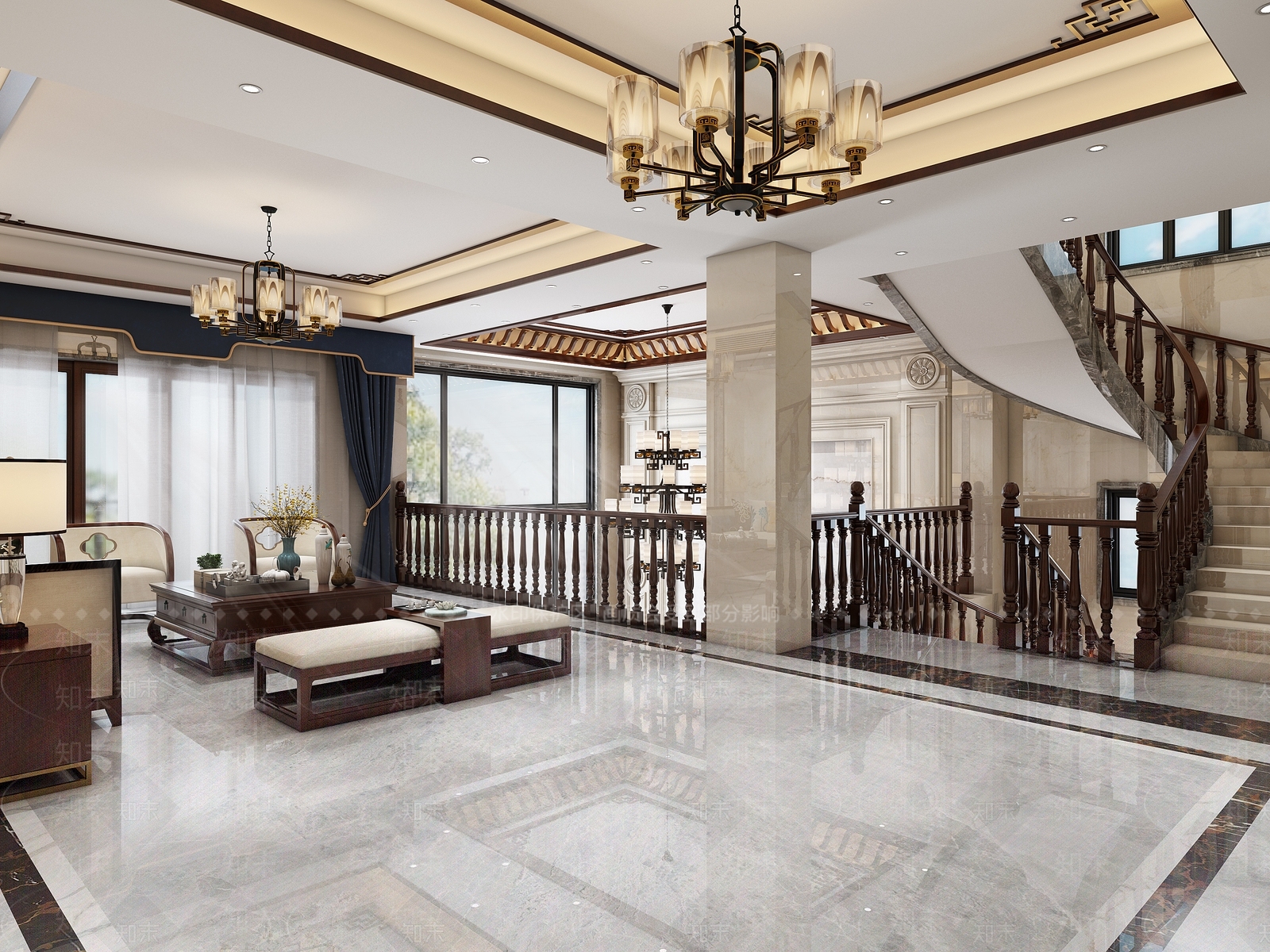 中式客厅背景墙3D模型下载【ID:759703892】