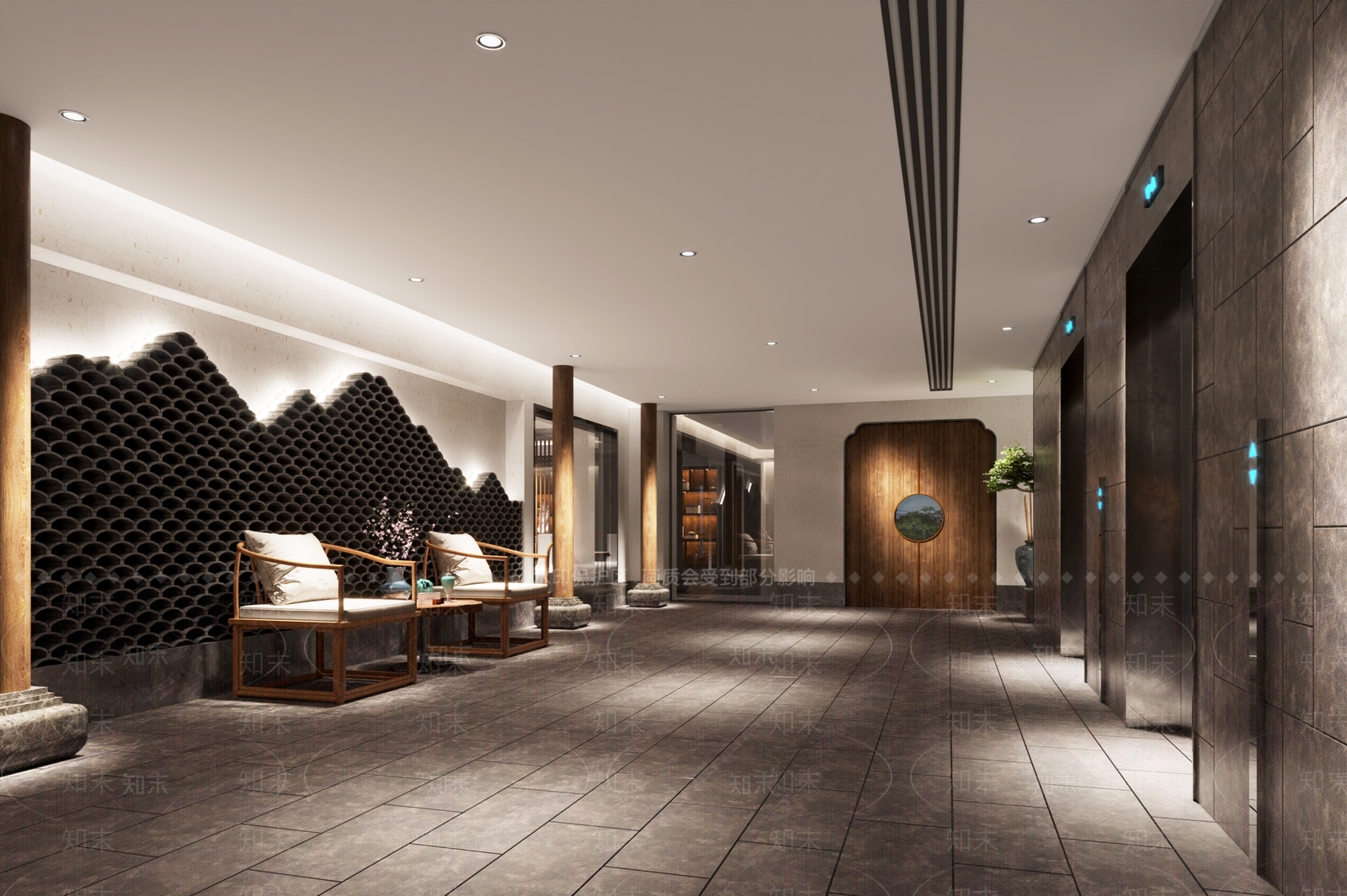 新中式电梯过道3D模型下载【ID:259706632】