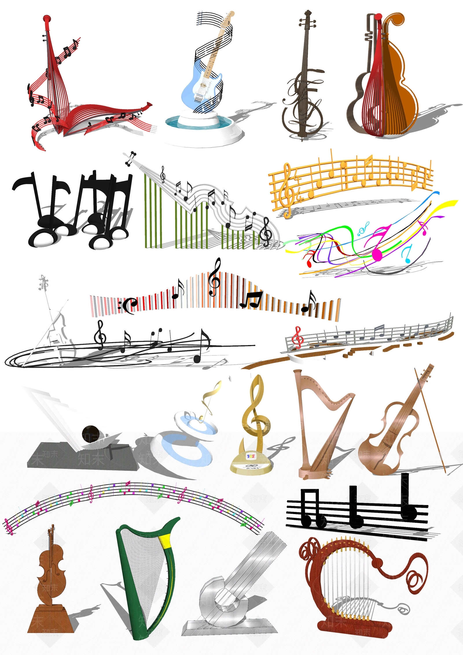 现代风格雕塑小品音乐主题公园广场吉他音符五线谱雕塑小品SU模型下载【ID:659758615】