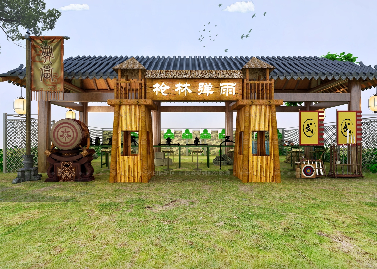 中式休闲娱乐射击靶场3D模型下载【ID:959769998】