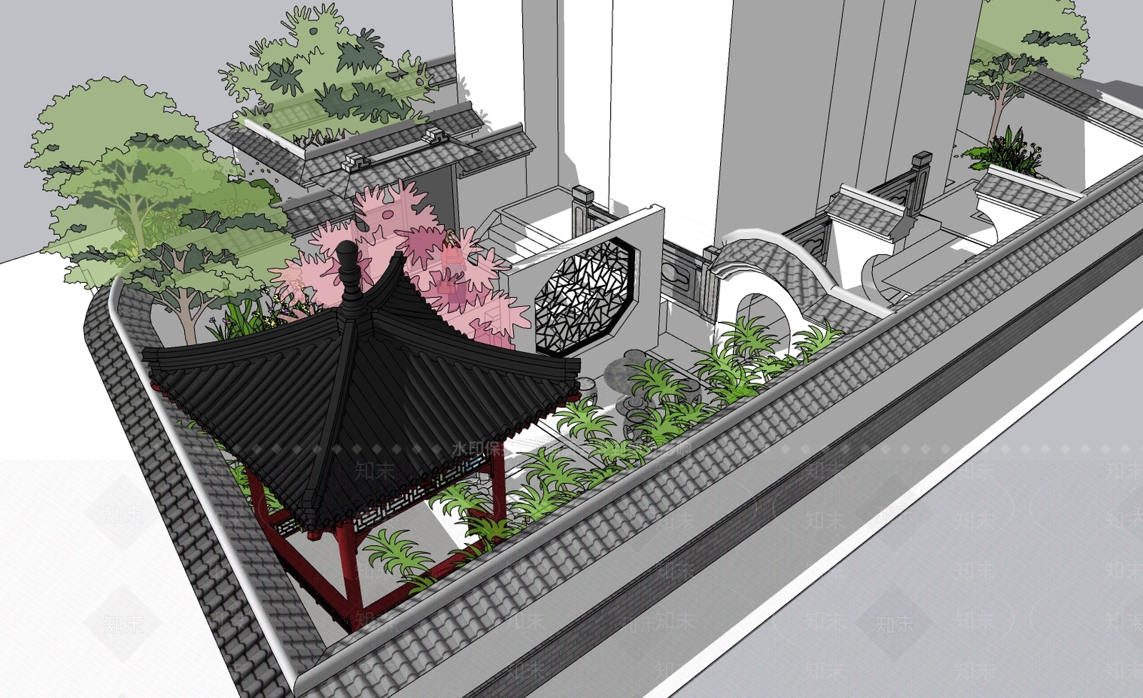 中式风格庭院景观SU模型下载【ID:559894915】