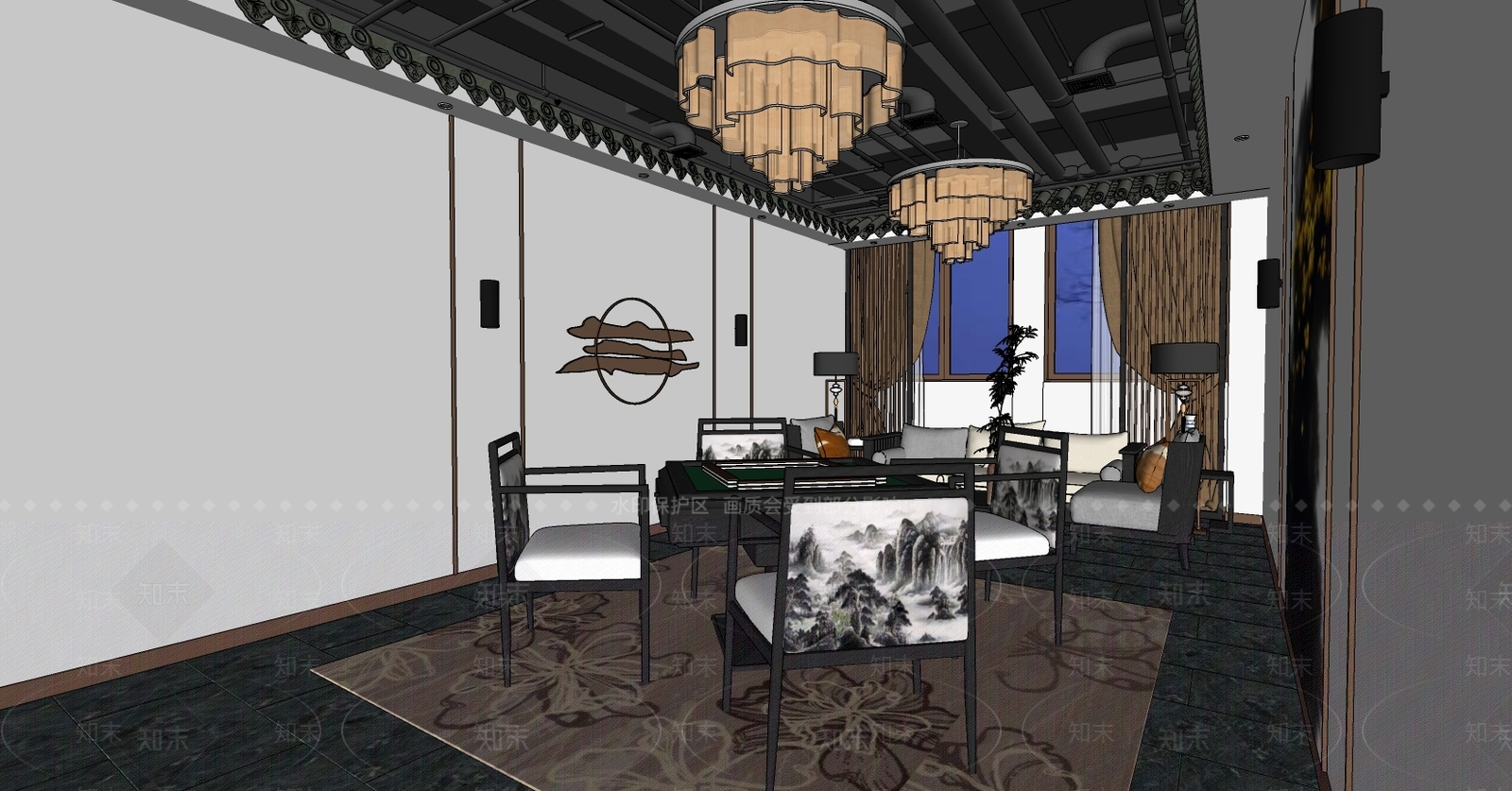 新中式风格麻将室SU模型下载【ID:559943825】