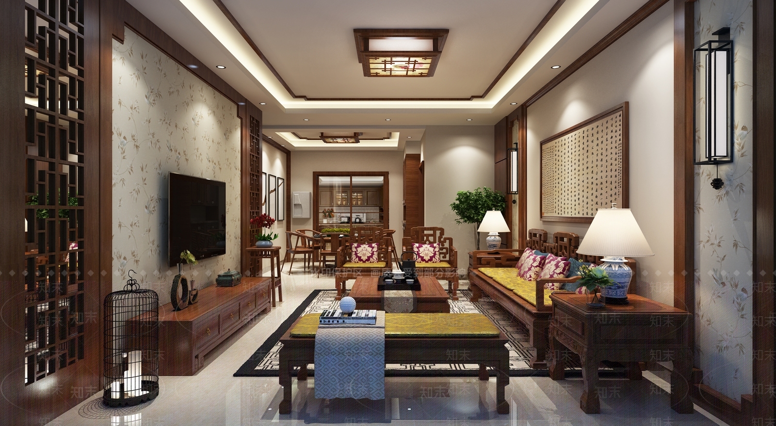 中式古典客餐厅3D模型下载【ID:859978380】