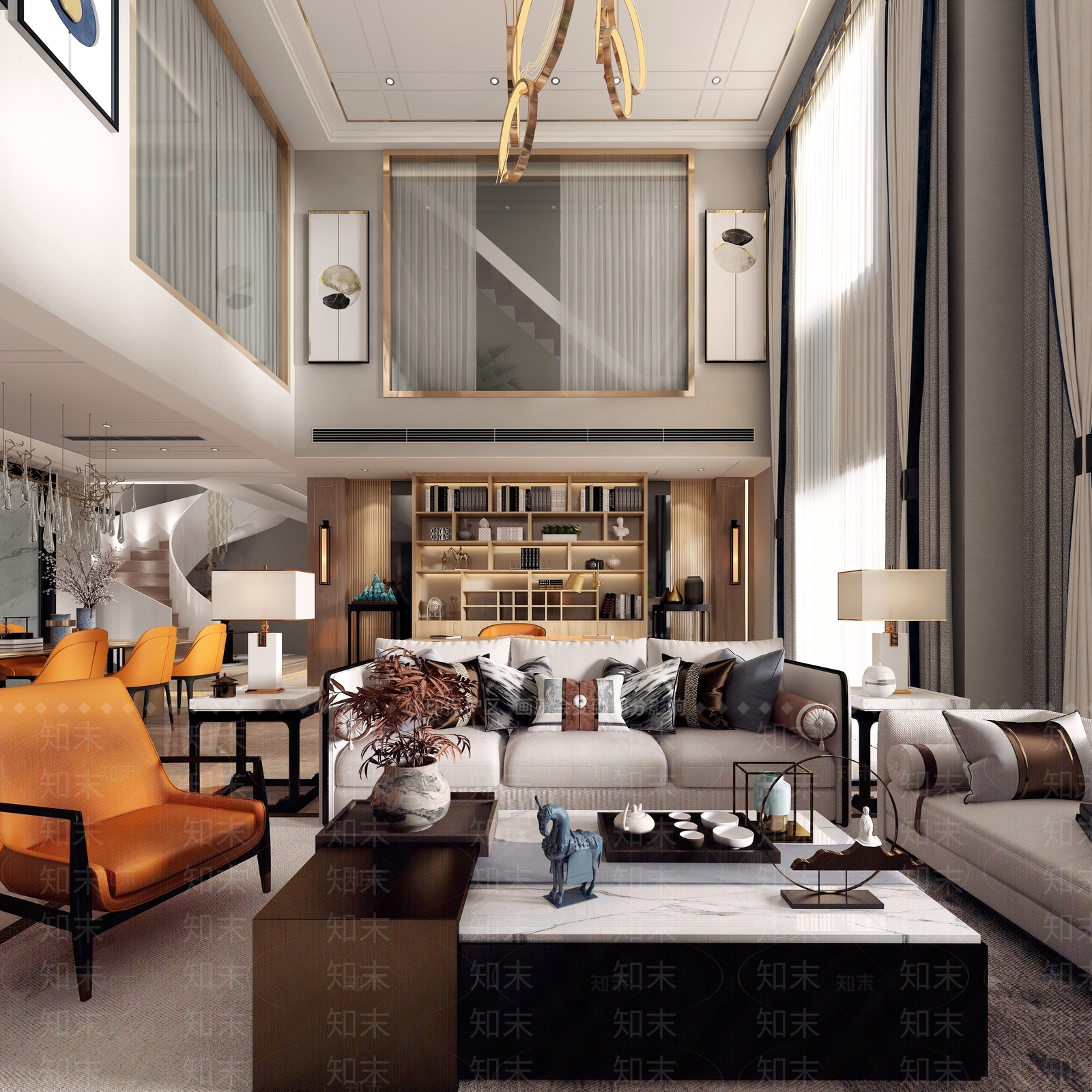 新中式复式客餐厅3D模型下载【ID:860198230】