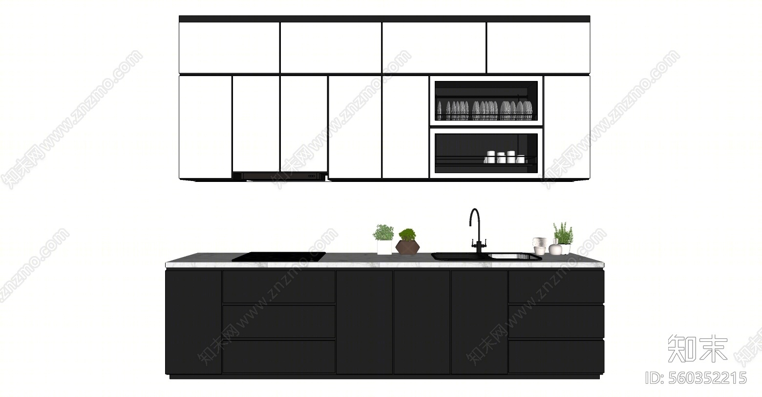 现代风格厨房橱柜组合SU模型下载【ID:560352215】