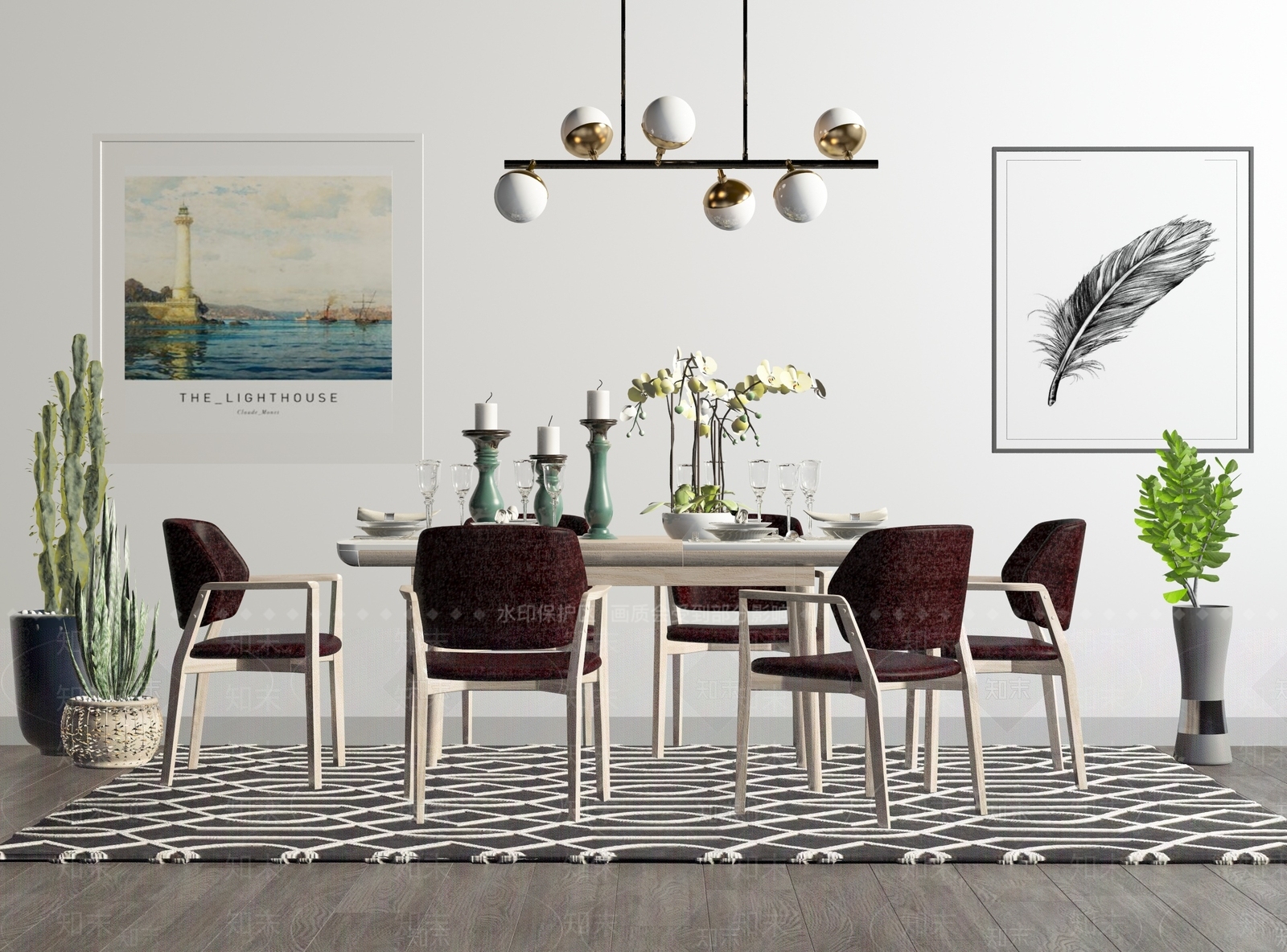 现代风格餐桌椅子组合SU模型下载【ID:660409697】