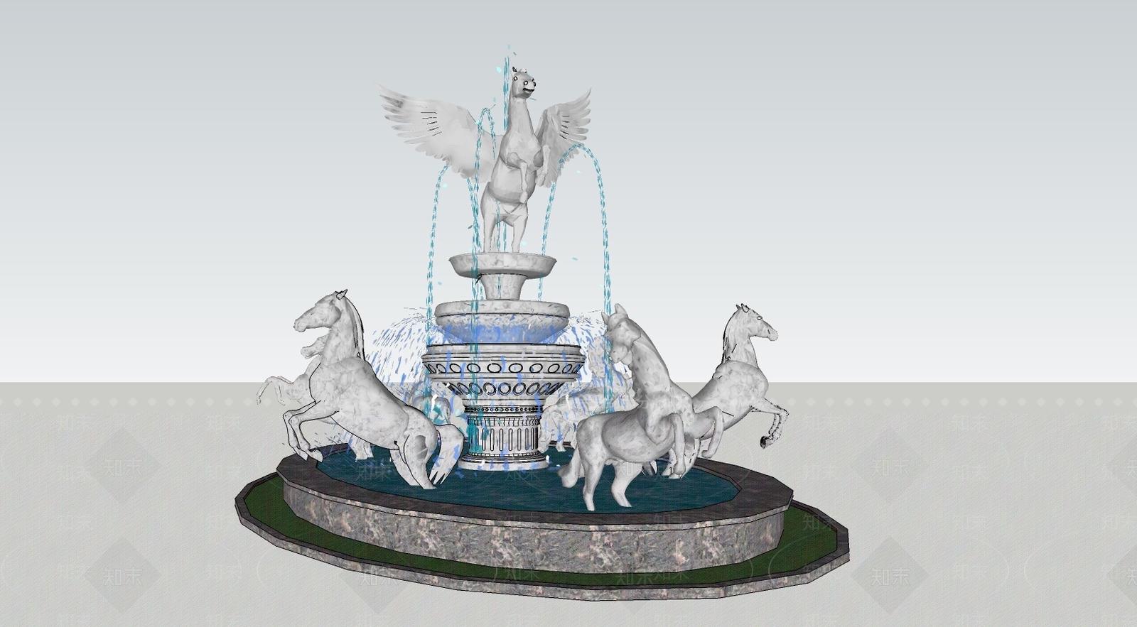 现代风格园区飞马喷泉SU模型下载【ID:960555906】