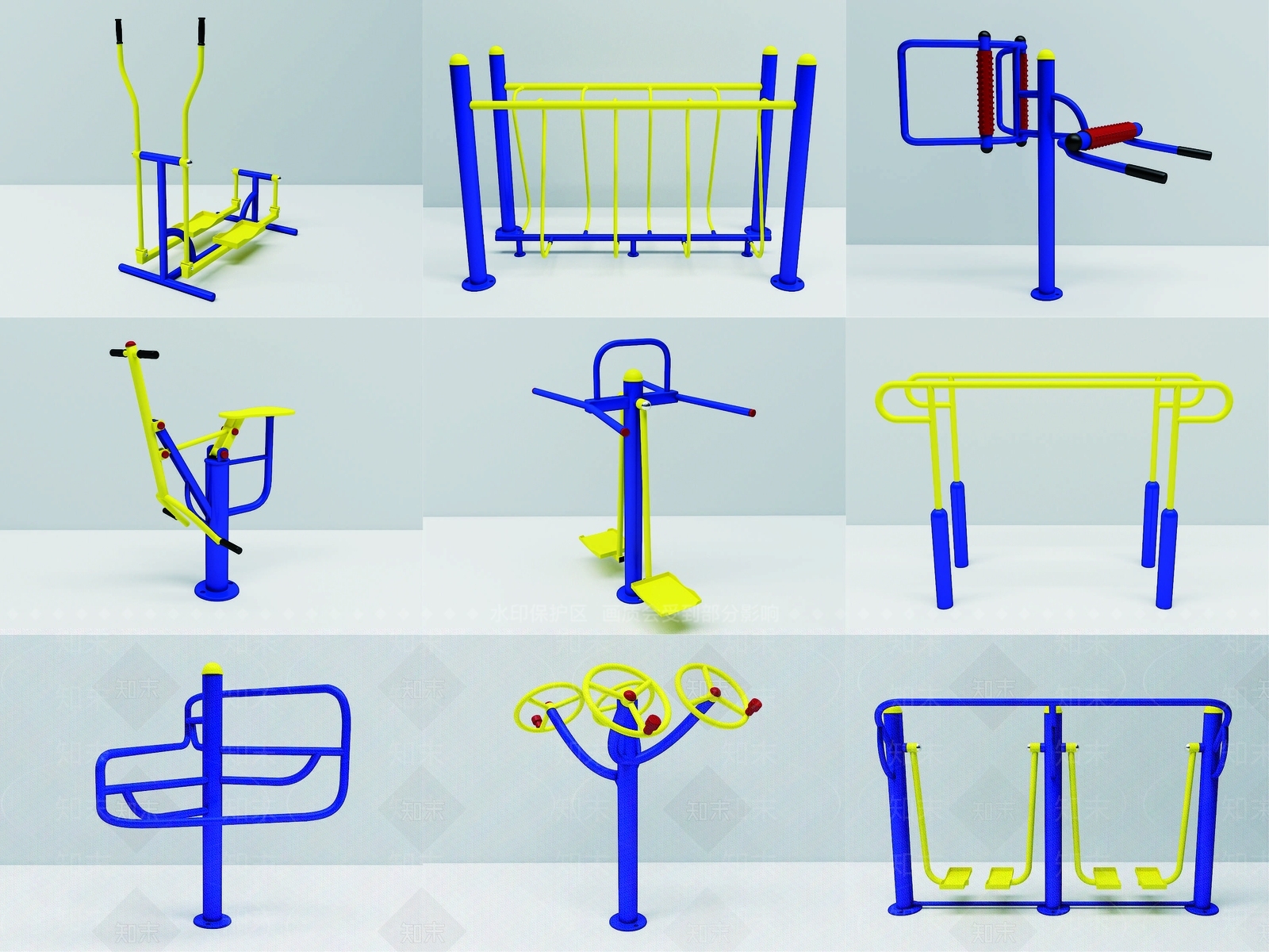 现代户外健身器材组合3D模型下载【ID:960569513】