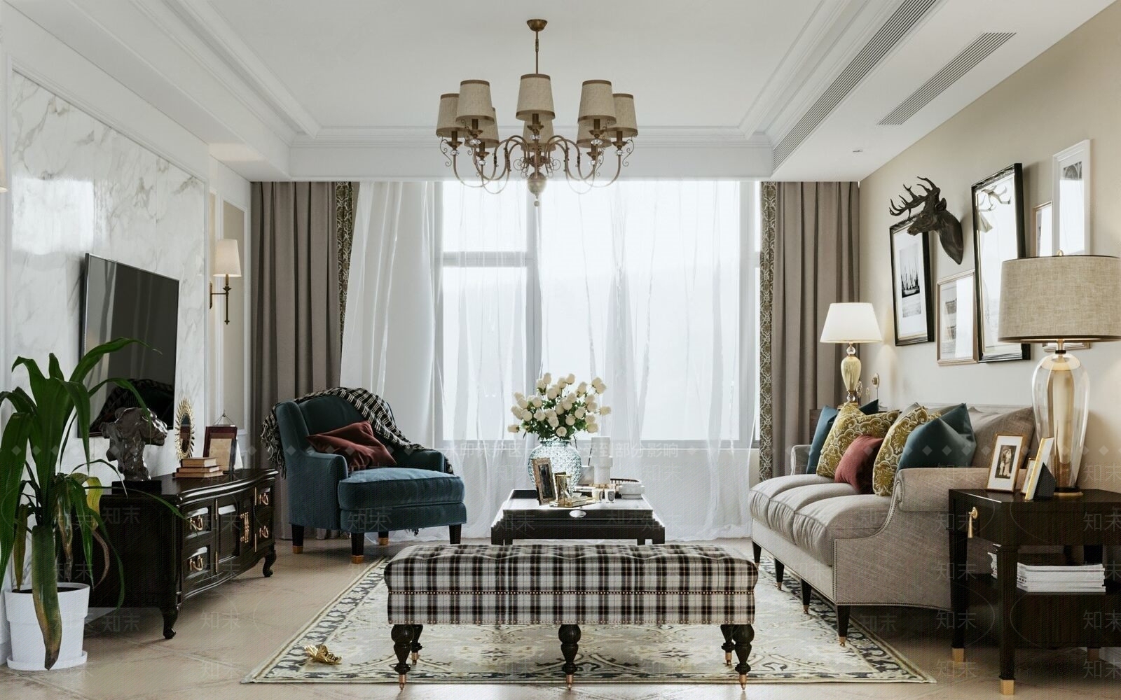 美式风格家居客厅3D模型下载【ID:760592729】