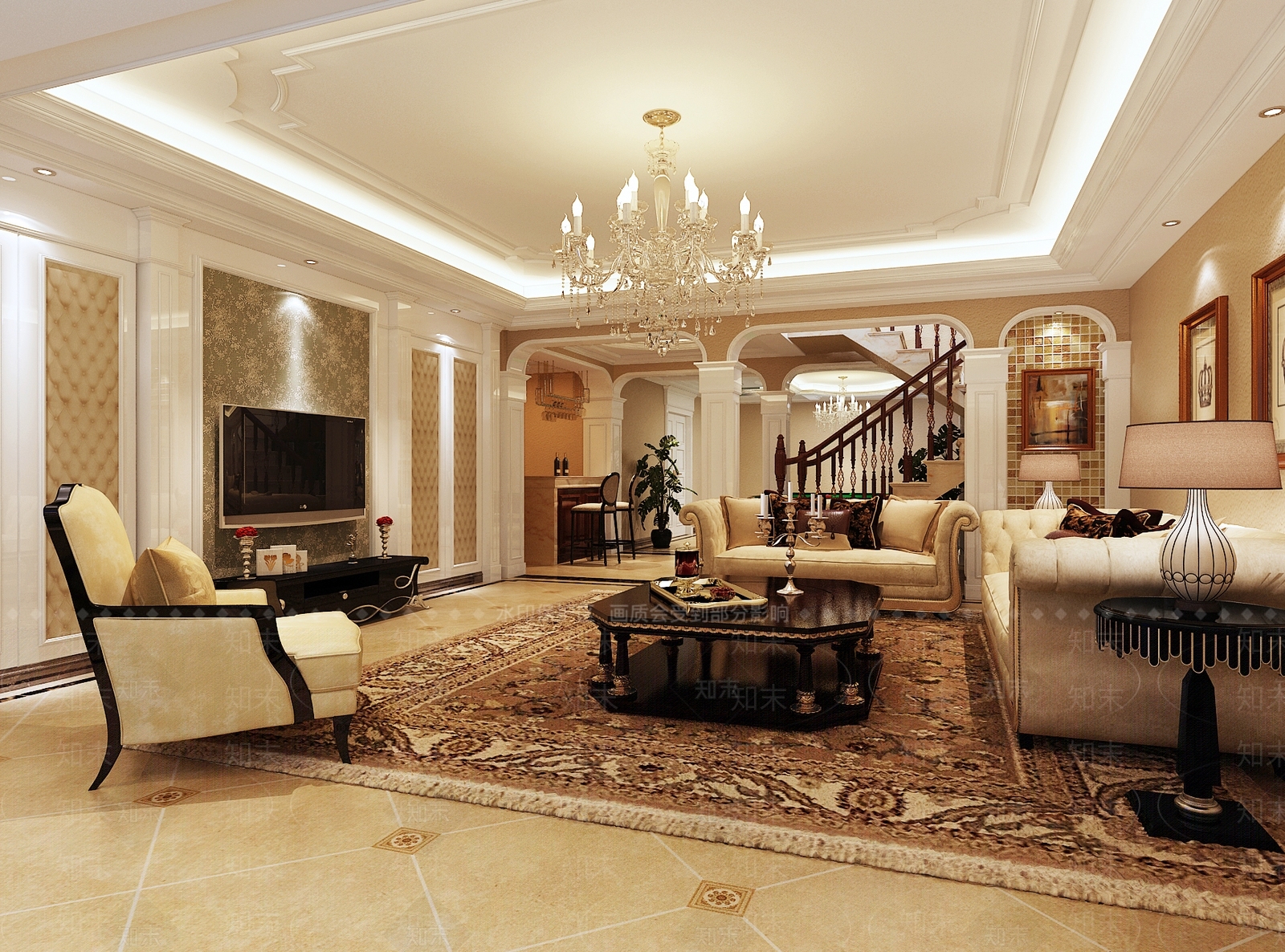 简欧风格别墅客厅3D模型下载【ID:760632890】