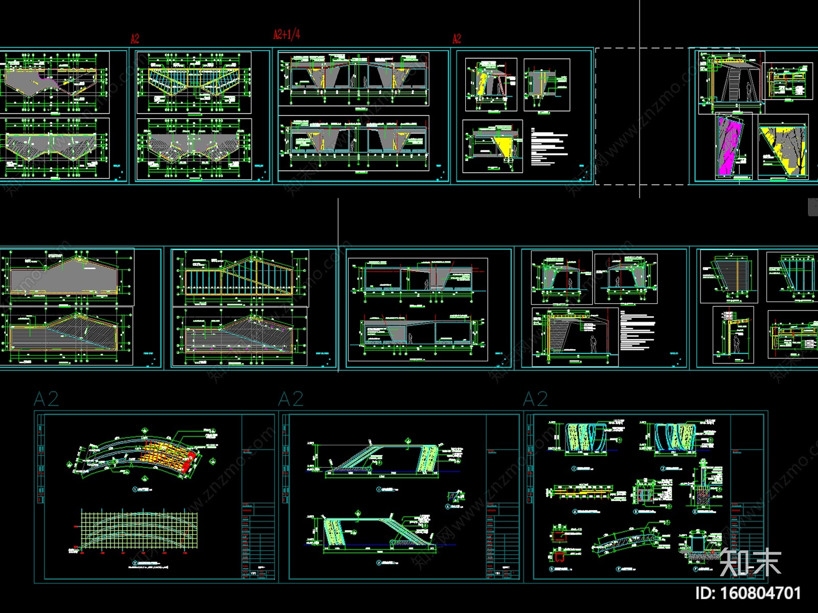 异形廊架cad施工图下载【ID:160804701】