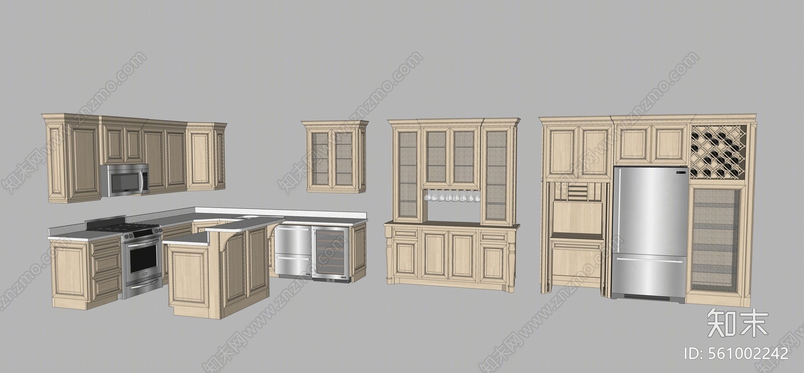 美式风格厨房橱柜组合SU模型下载【ID:561002242】