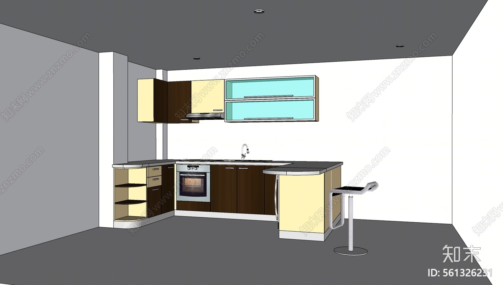 现代风格厨房橱柜组合SU模型下载【ID:561326231】