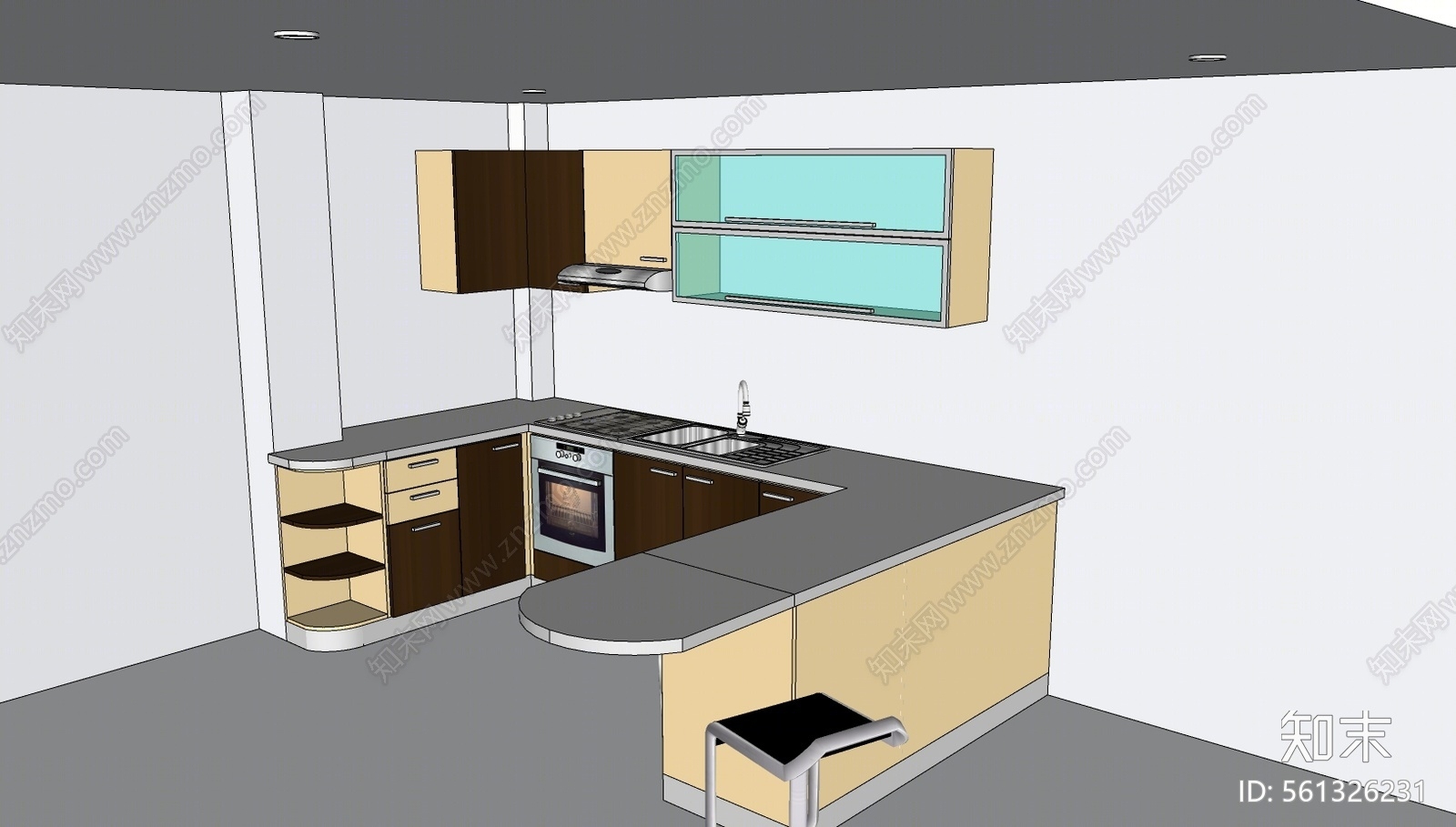 现代风格厨房橱柜组合SU模型下载【ID:561326231】