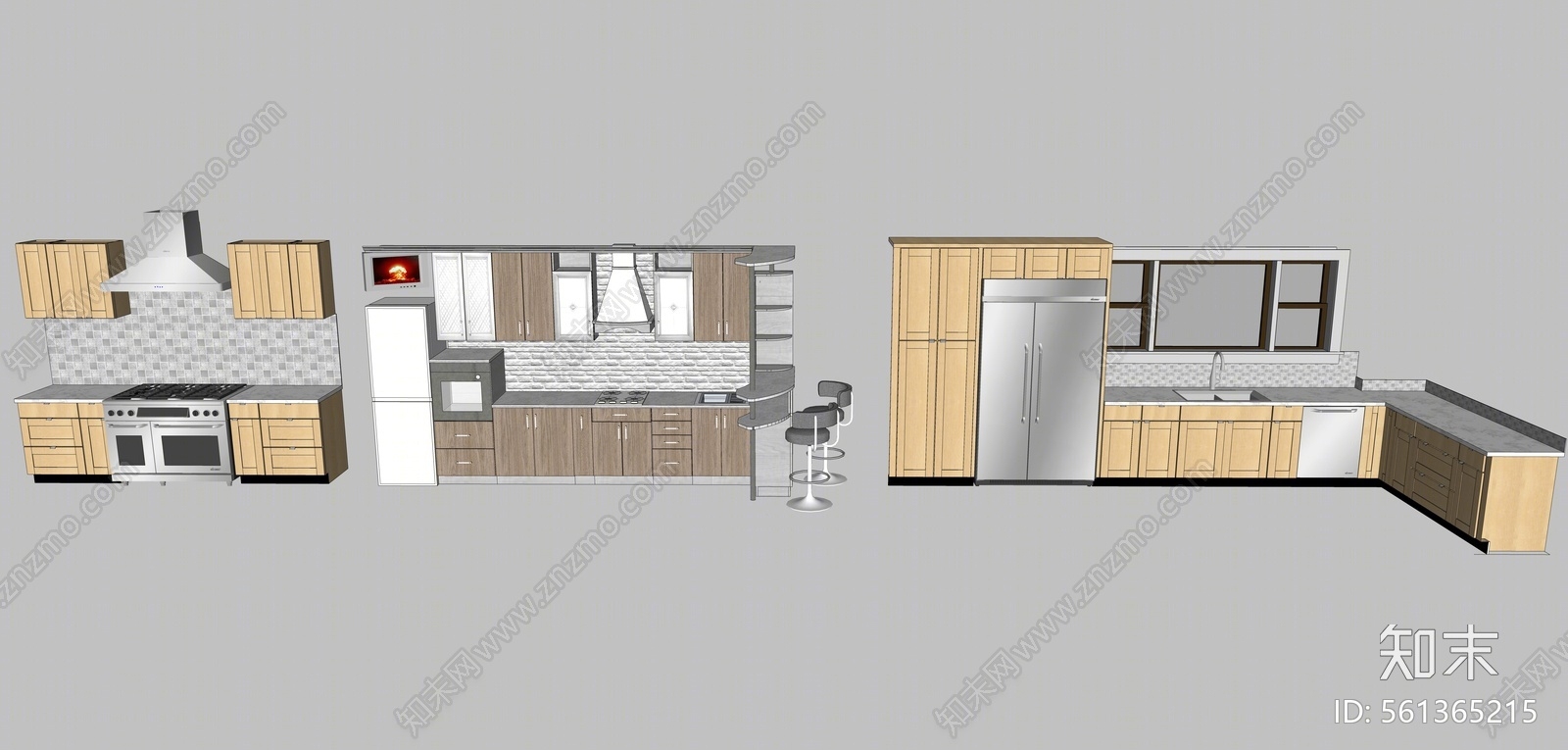 现代风格厨房橱柜组合SU模型下载【ID:561365215】