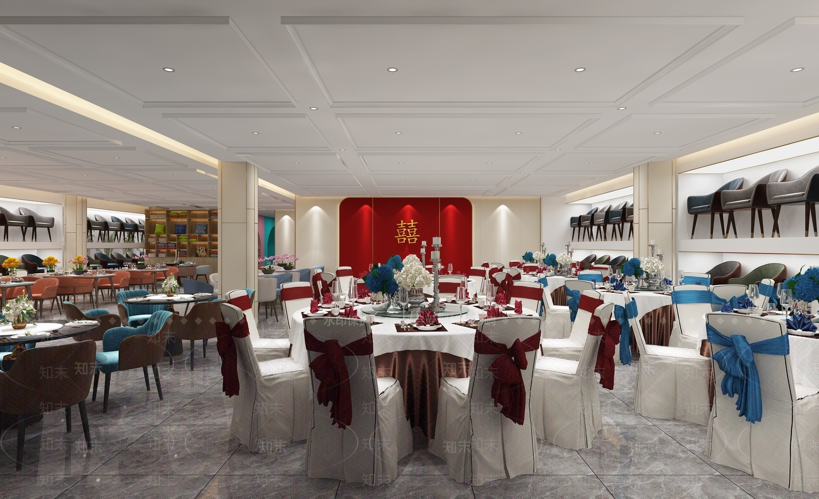 现代桌椅展厅3D模型下载【ID:761460356】