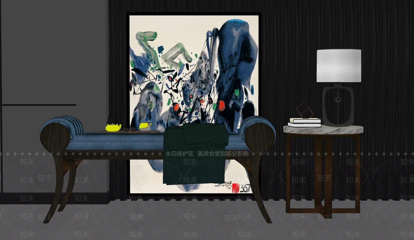 简欧绒布床尾凳SU模型下载【ID:862096744】