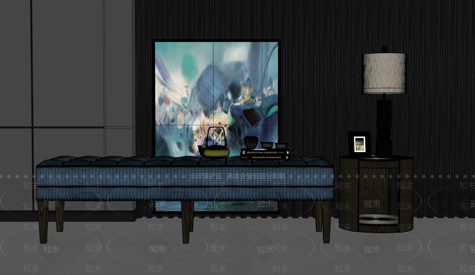 简欧绒布床尾凳SU模型下载【ID:862097742】