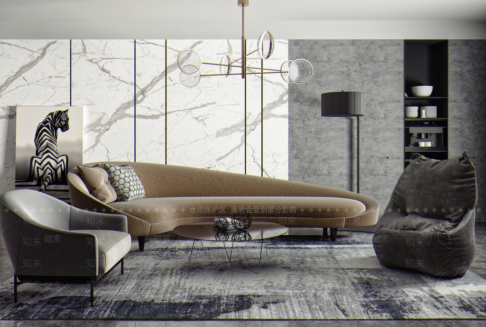 现代沙发茶几吊灯组合3D模型下载【ID:662275507】