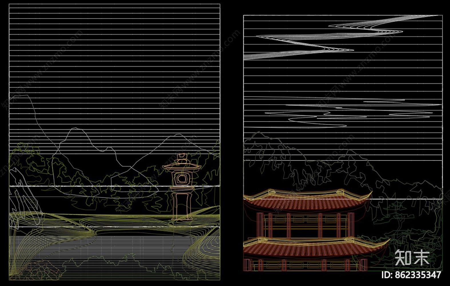 彩色山水画CAD图库施工图下载【ID:862335347】