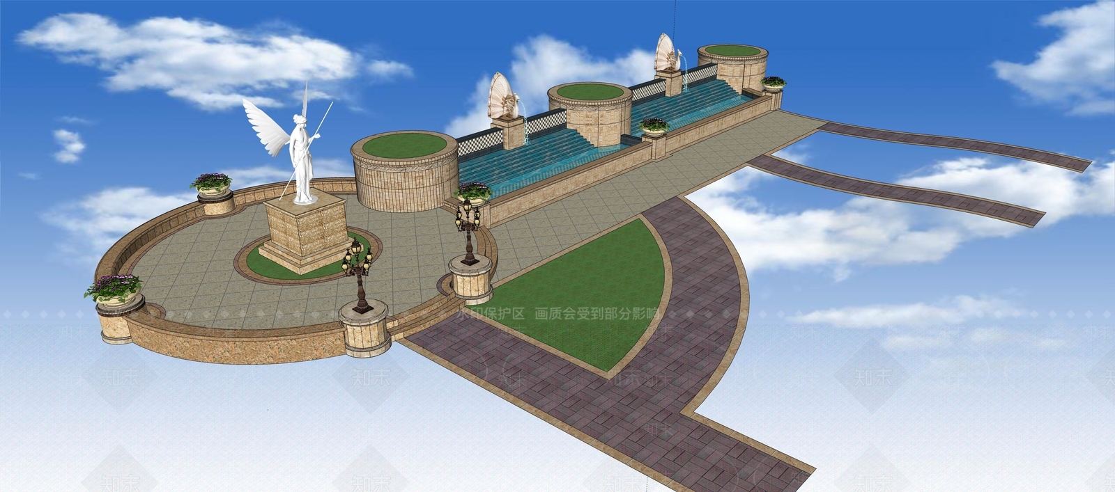 欧式景观水池SU模型下载【ID:962338797】