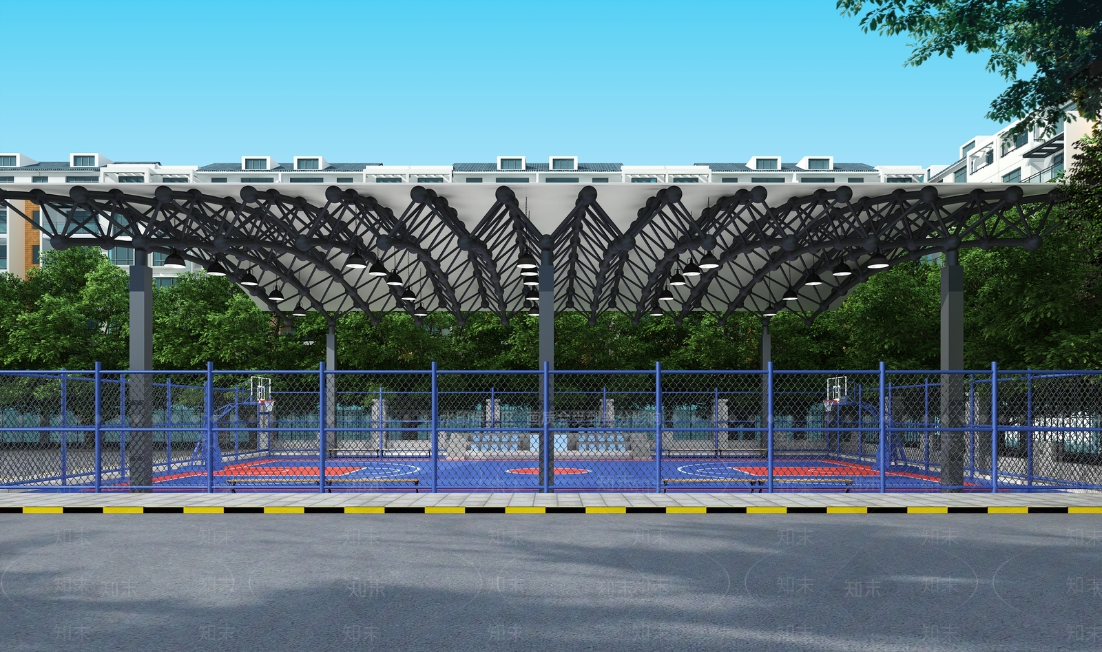 现代室外小区篮球场3D模型下载【ID:262593242】