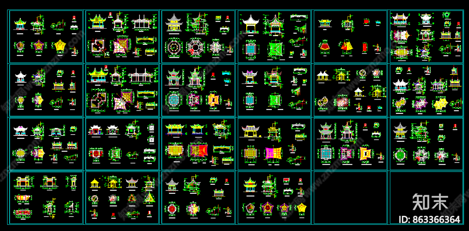 CAD亭子大全施工图下载【ID:863366364】