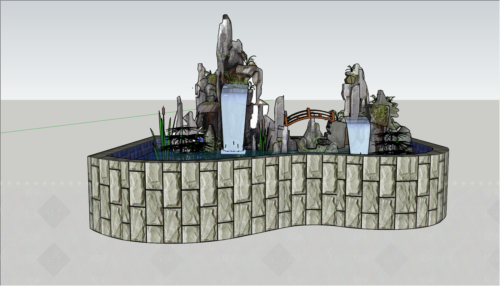 现代风格假山水池SU模型下载【ID:663393680】