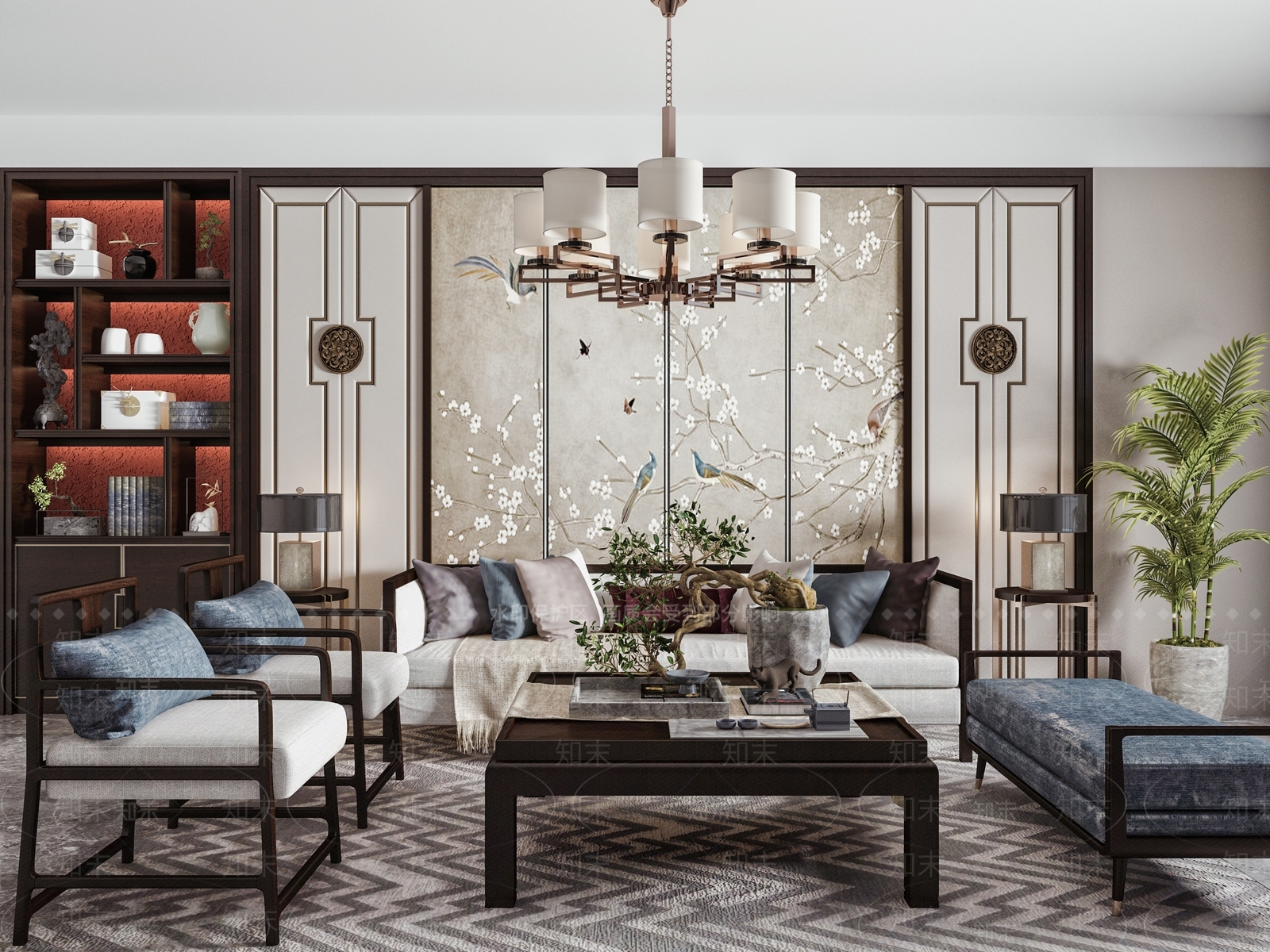 新中式沙发茶几组合3D模型下载【ID:663473503】