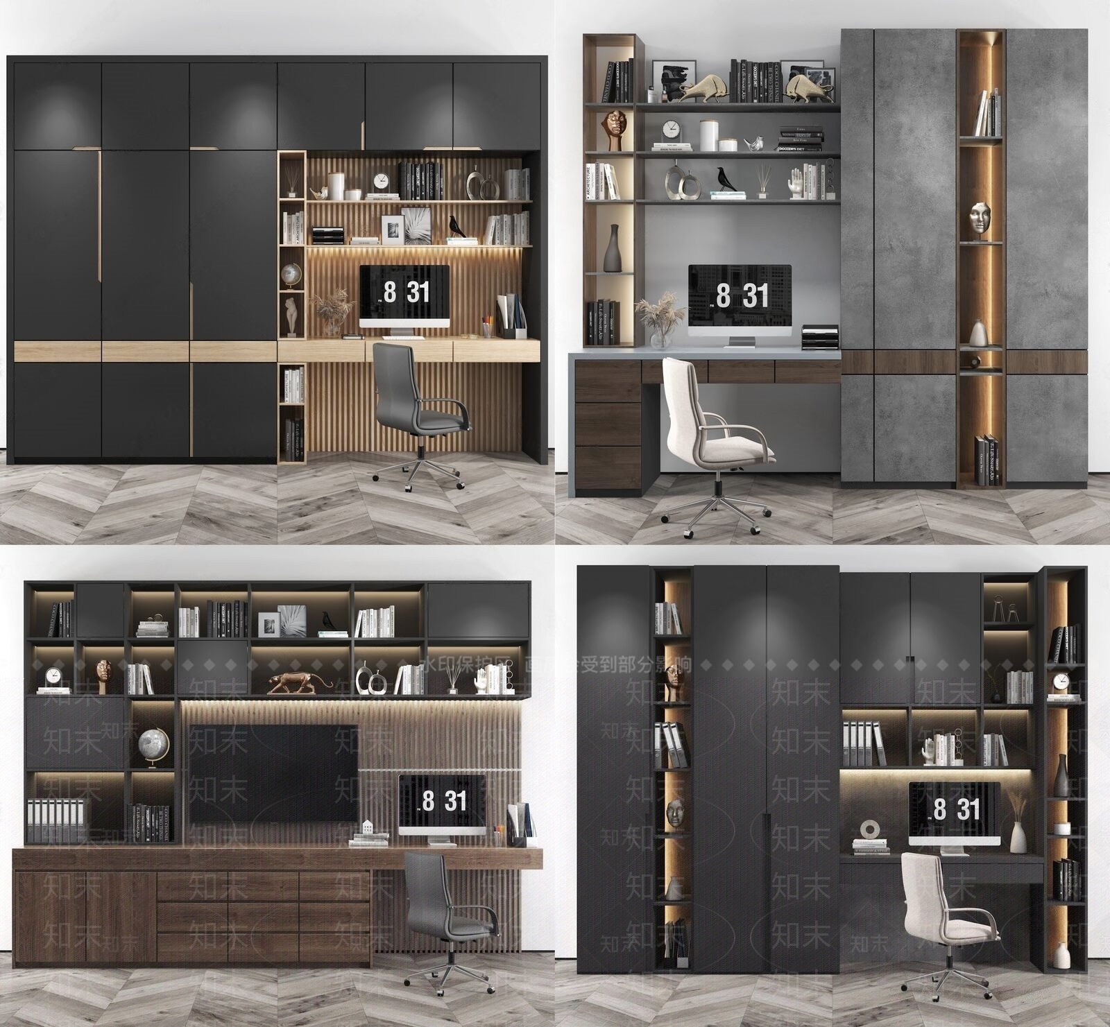 现代书柜组合3D模型下载【ID:563649679】