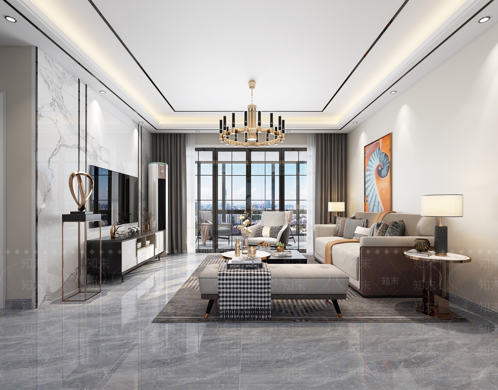 现代轻奢样板房客厅3D模型下载【ID:863942117】