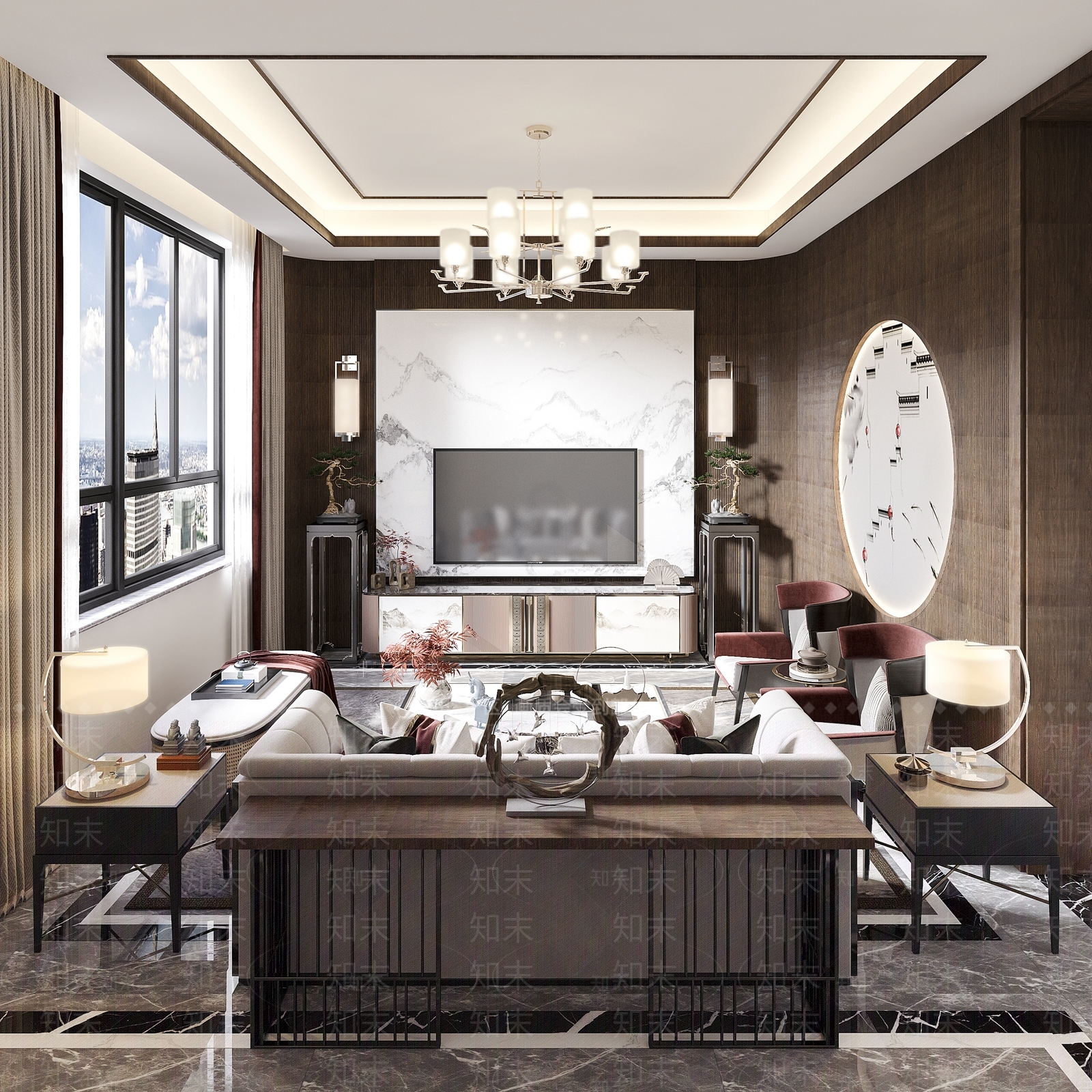 新中式沙发茶几组合3D模型下载【ID:763992741】