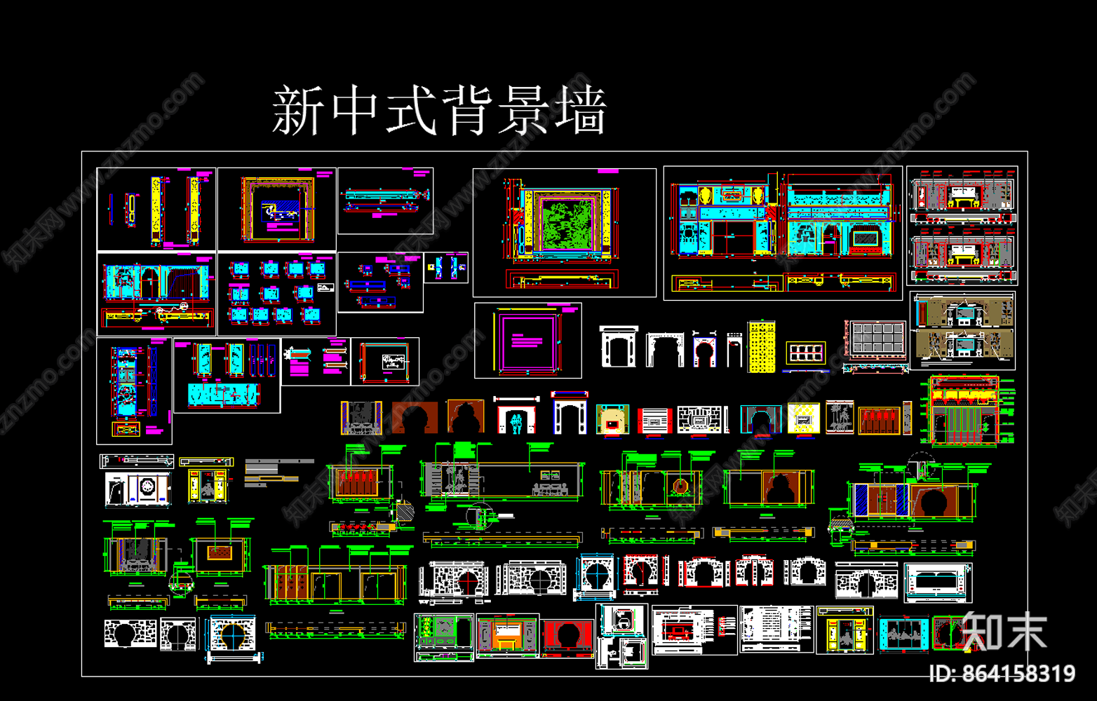 中式整木背景墙吊顶cad施工图下载【ID:864158319】