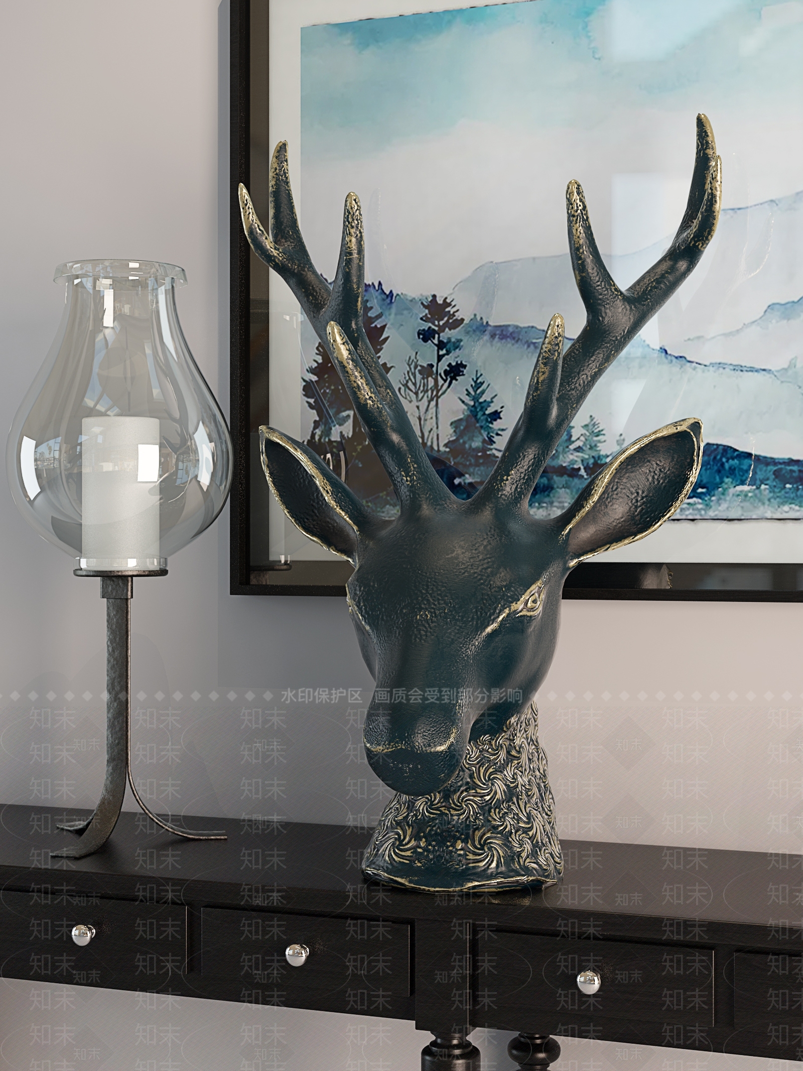 现代鹿头雕塑3D模型下载【ID:364173803】