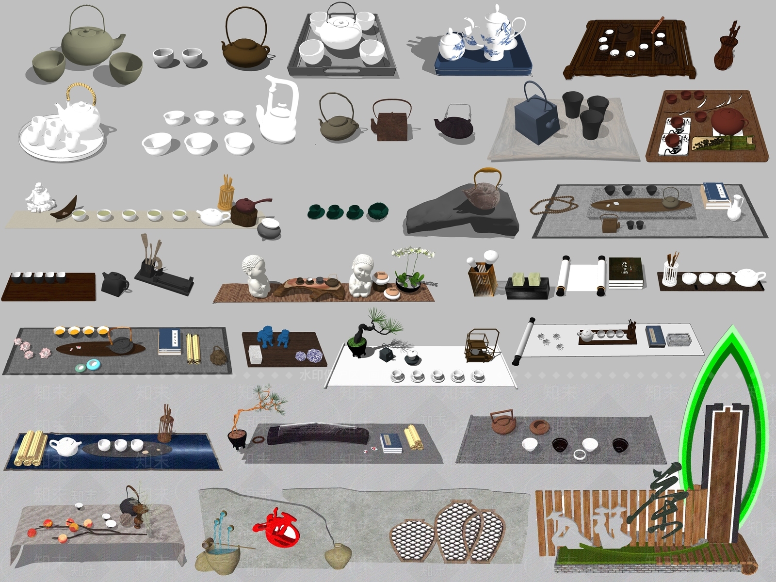 中式风格茶壶茶杯组合SU模型下载【ID:764205843】