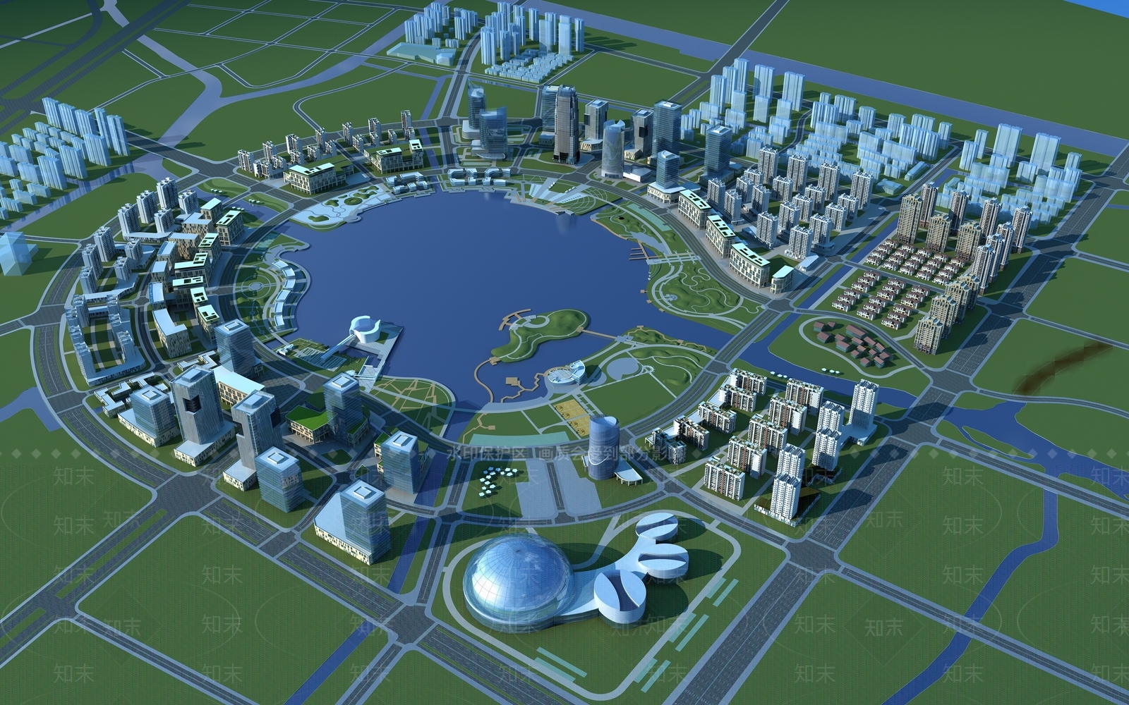现代鸟瞰规划3D模型渲染效果图