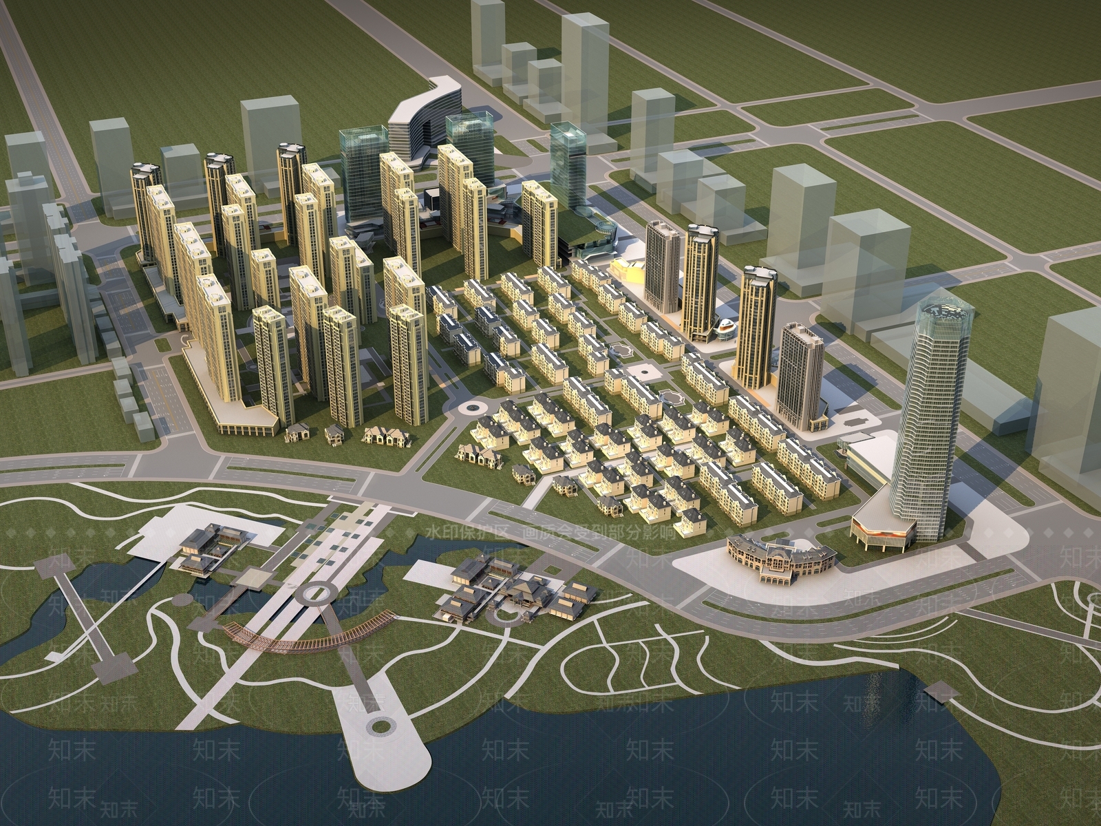 现代鸟瞰规划3D模型渲染效果图